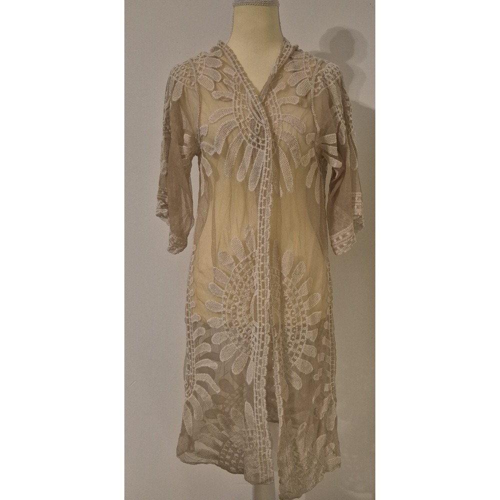 Sunburst Lace Kimono Duster Cardigan Women's S Cream Embroidered Boho Festival